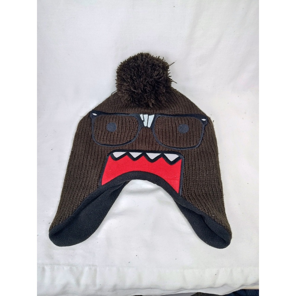 Domo Kun Glasses Nerd Geek Brown Winter Beanie Pom Pom Trapper Hat Ear Flaps